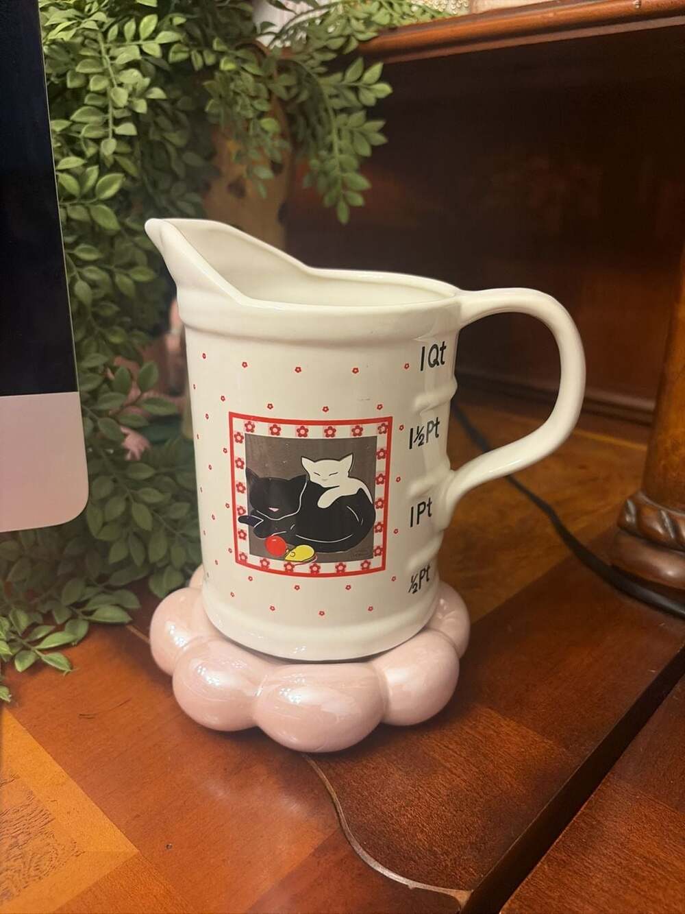 Vintage 1980s Ceramic Quart Measuring Pitcher with Cats and Flower Print